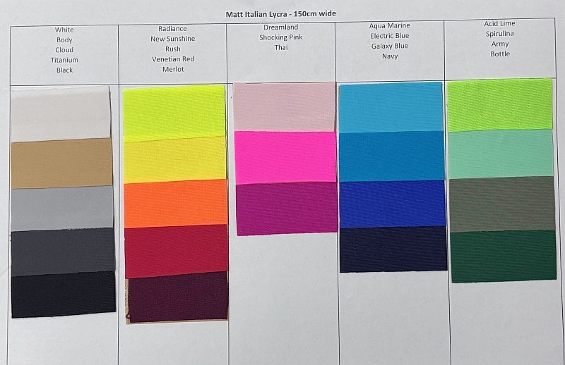 Matt Lycra Chart